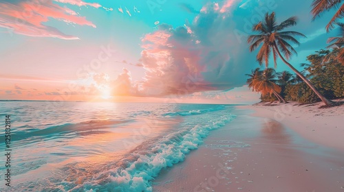 Tropical paradise beach with turquoise waters, white sandy shore, swaying palm trees, vibrant sunset sky, serene and idyllic setting, highresolution coastal photography, Close up