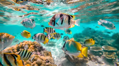 Tropical fish swimming in a vibrant coral reef  rich and diverse colors  clear turquoise water  dynamic and lively underwater scene  highresolution marine photography  Close up
