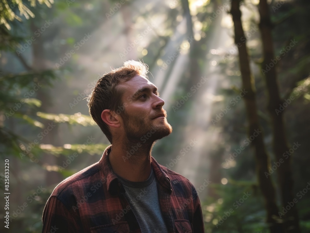 man standing in forest with sunlight man standing in forest with sunlight