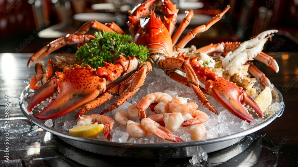 A plate of seafood with a black plate and ice generated by AI A plate of seafood with a black plate and ice generated by AI