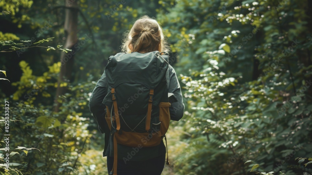 Adventurous back view of an ageless woman hiking through a lush forest. Adventurous back view of an ageless woman hiking through a lush forest.
