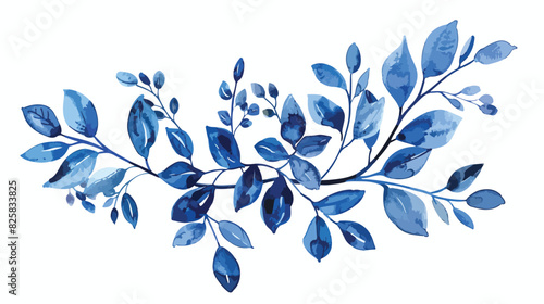 Indigo branch watercolor blue leaves. Vintage floral