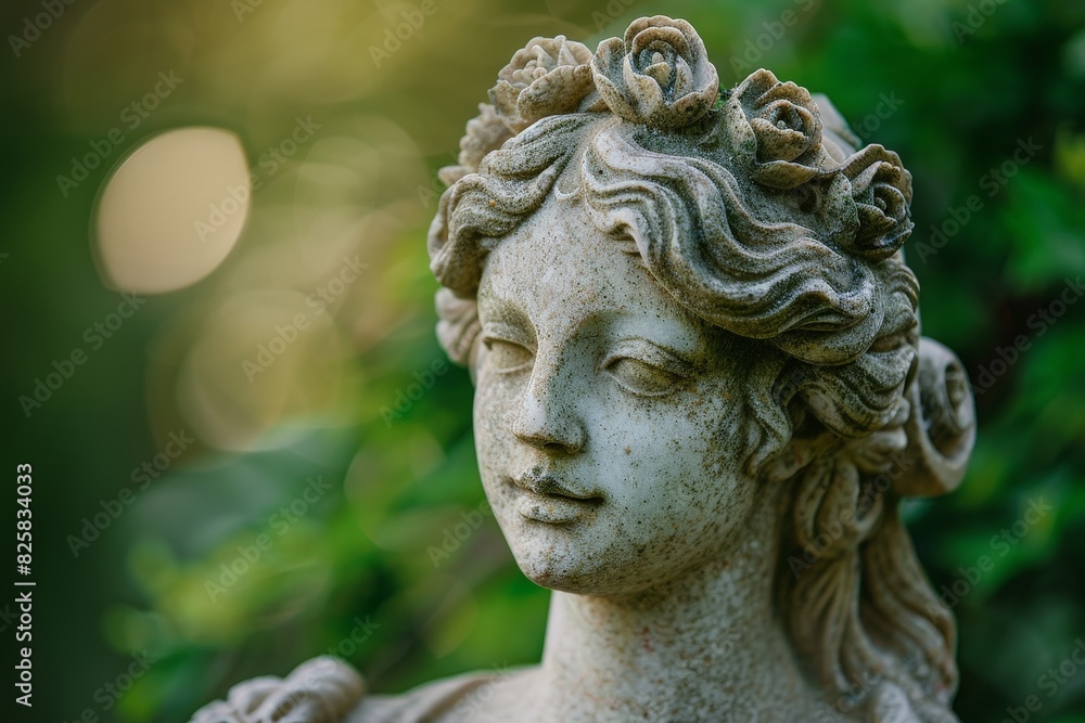 Serene stone statue with floral crown in lush garden Serene stone statue with floral crown in lush garden