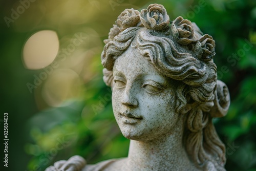 Serene stone statue with floral crown in lush garden