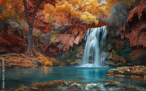 A breathtaking autumn scene of an enchanting waterfall cascading over red rock formations  surrounded by vibrant orange and yellow foliage. Created with Ai