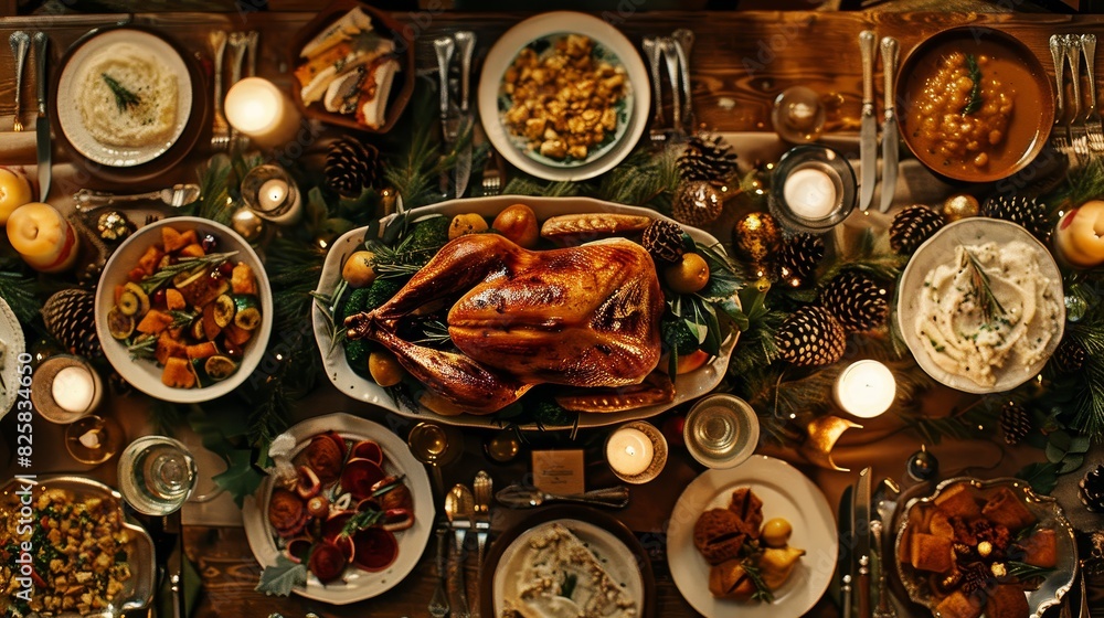 A large turkey is the centerpiece of a festive table with many dishes generated by AI