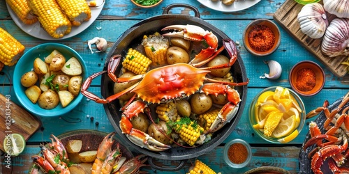 A large bowl of food with corn, potatoes, and crabs generated by AI photo