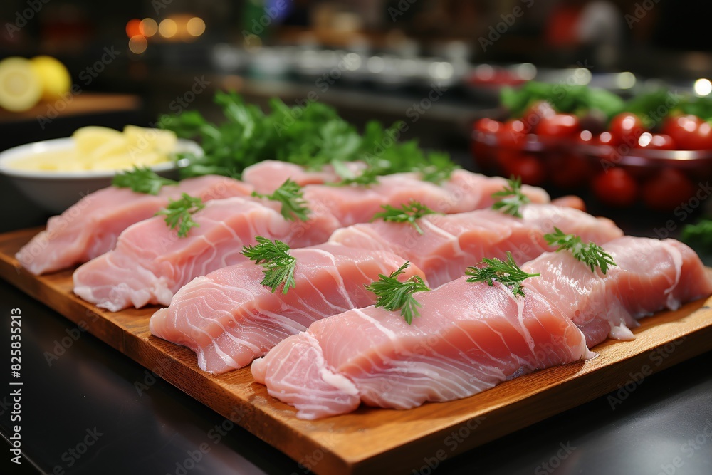 Fresh raw pork meat on wooden board with herbs and vegetables on background Fresh raw pork meat on wooden board with herbs and vegetables on background