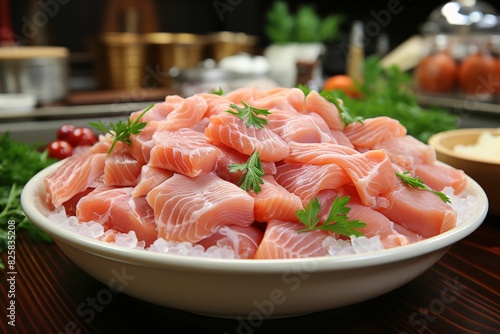 Sliced raw salmon on plate on wooden table, closeup