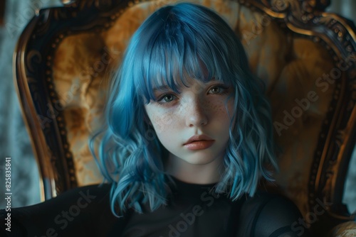 blue-haired woman with freckles in a vintage chair
