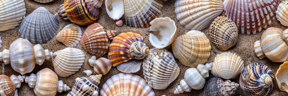 Assortment of seashells on sandy beach