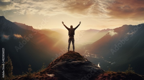 Silhouette of businessman celebrating on the top of mountain. Success concept.