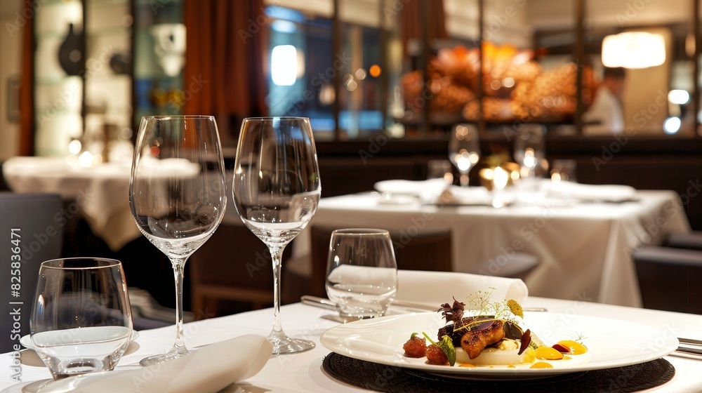 A plate of food is set on a table with a wine glass and a fork generated by AI