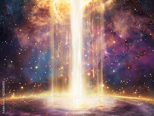 Cosmic Serenity: Galaxy Vortex and Ethereal White Waterfall, Dreamlike Poster with Golden Stardust Sprinkling Across a Starlit Terrain photo