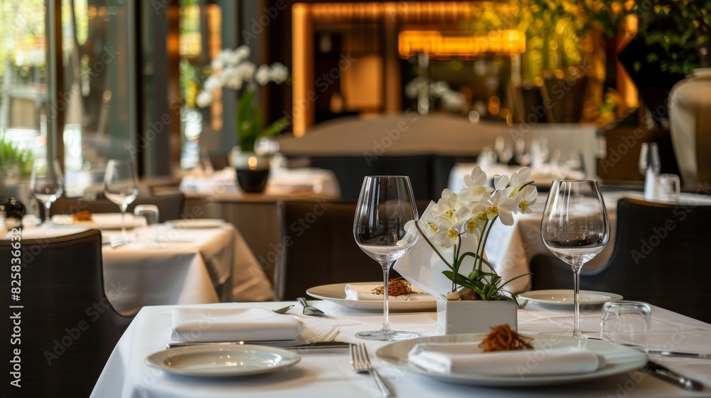 A plate of food is set on a table with a wine glass and a fork generated by AI A plate of food is set on a table with a wine glass and a fork generated by AI