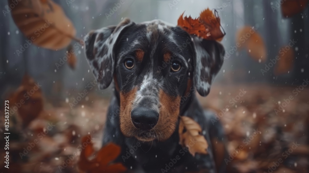 dense forest of trees and falling leaves, dog gazes at the camera dense forest of trees and falling leaves, dog gazes at the camera