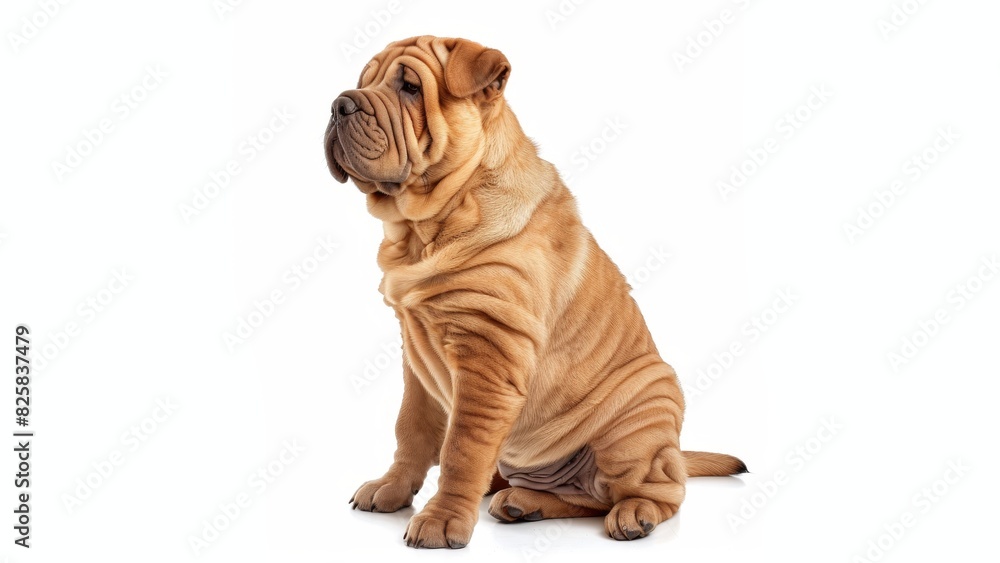 a sitting Chinese Shar-Pei dog, front view, full isolated body, side view, white solid background