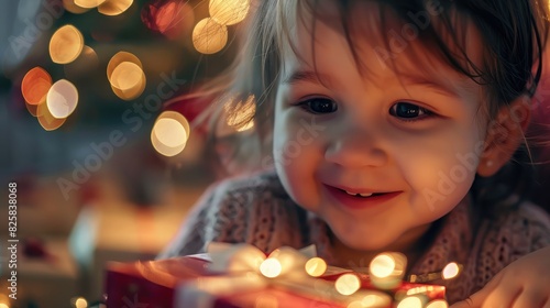 Close-up of a child's face lighting up with joy as they unwrap a gift, eyes wide with excitement and happiness.