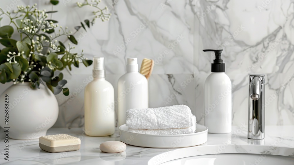 Arrangement of fragrance-free hypoallergenic and skincare products in a tidy, minimalist bathroom