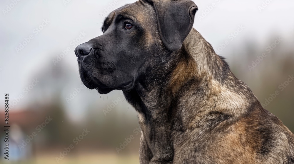 A large brown and black dog sits atop a green field dotted with trees Gray clouds loom in the background The scene is softly blurred A large brown and black dog sits atop a green field dotted with trees Gray clouds loom in the background The scene is softly blurred