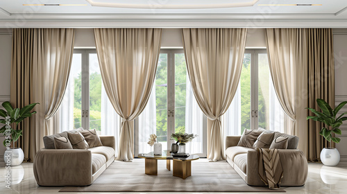 luxurious beige velvet curtains with champagne tiebacks, framing tall windows 