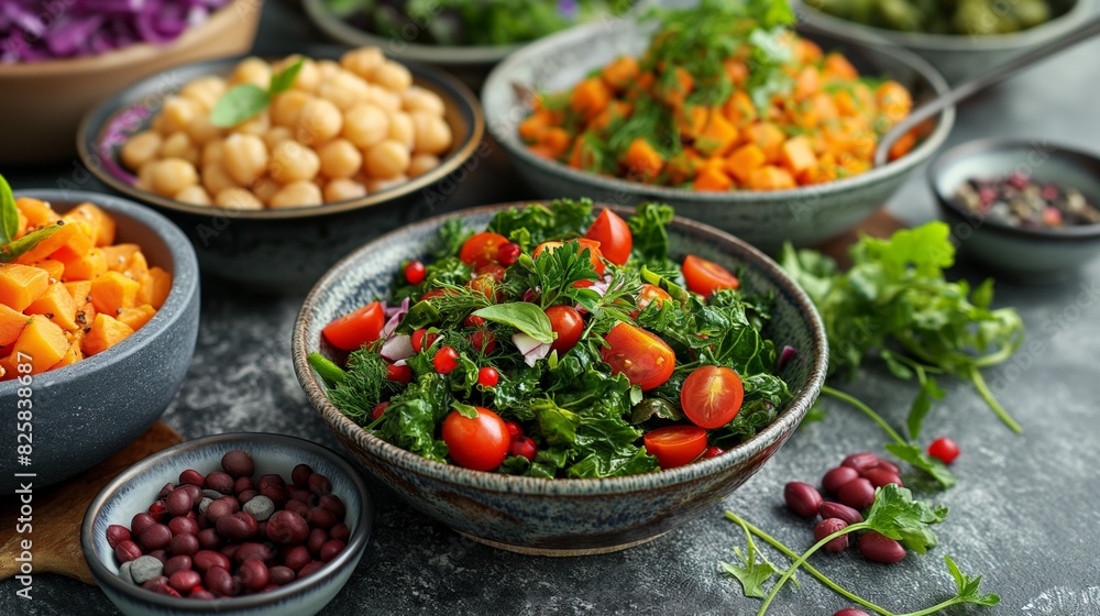 A variety of fresh salads with ingredients like tomatoes, chickpeas, and leafy greens, presented in bowls, emphasizing nutritious and healthy eating. A variety of fresh salads with ingredients like tomatoes, chickpeas, and leafy greens, presented in bowls, emphasizing nutritious and healthy eating.