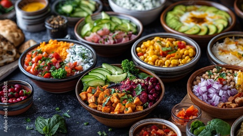 An assortment of colorful vegetable and grain dishes in bowls, emphasizing diverse and nutritious food options.