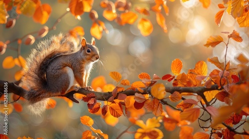 Close-up of a squirrel perched on a branch, surrounded by vibrant autumn leaves, gathering nuts for the leafy season.