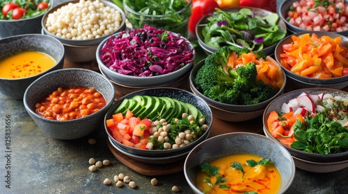 A variety of fresh vegetables, grains, and legumes in bowls, highlighting a vibrant and healthy meal selection.