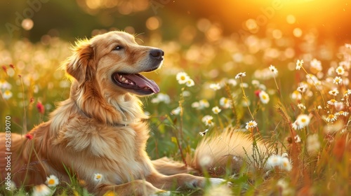  A close-up of a dog lying in a flower field, tongue out, with the sun in the background