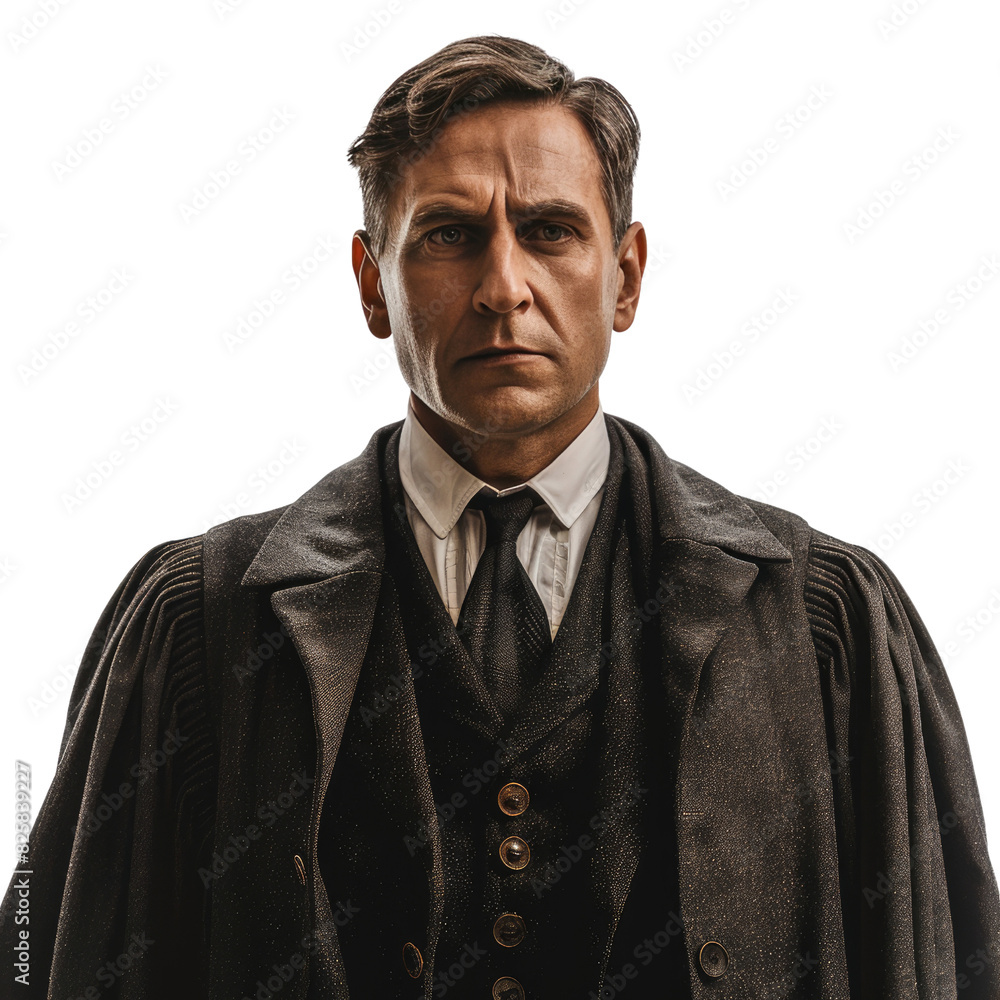 A man in a black suit and tie stands in front of a white background. He looks serious and is wearing a black robe A man in a black suit and tie stands in front of a white background. He looks serious and is wearing a black robe