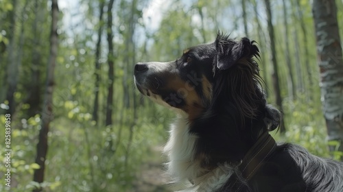  A black-and-white dog stands in a forest's midst, surrounded by tall trees in the background The foreground features a lush grassy path, where the dog is positioned