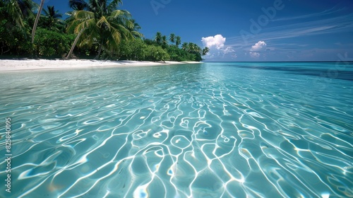 Crystal-clear turquoise waters lapping against a white sandy beach, with palm trees in the background.