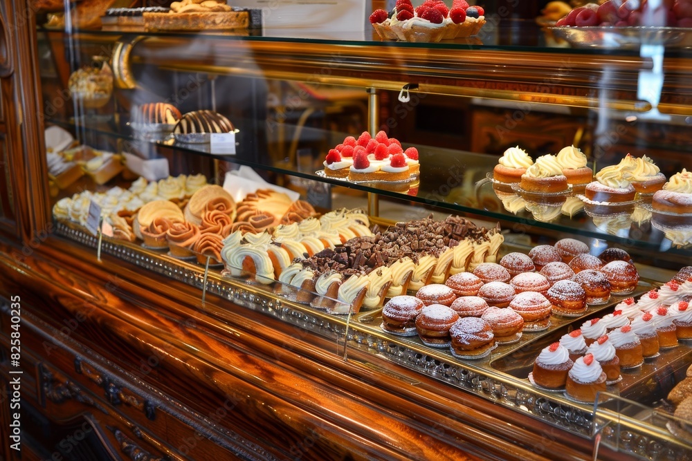 A display of pastries with a variety of flavors and toppings generated by AI