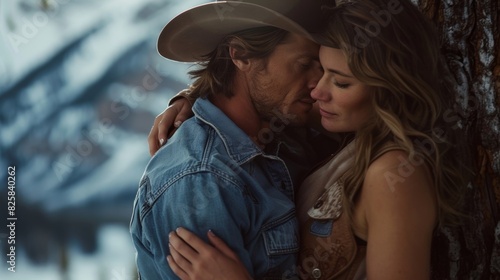 In this cover a cowboy leans against a tree his shirt unbuttoned and showing off his muscular chest as he holds his cowgirl close their intimate moment captured against a breathtaking photo