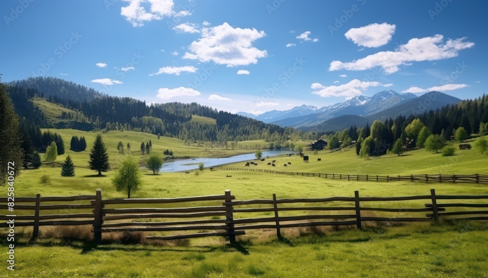 A stunning spring day landscaping views of fertile land surrounded beautiful green vegetation, wide stretches of hills and mountains with clear skies in spring