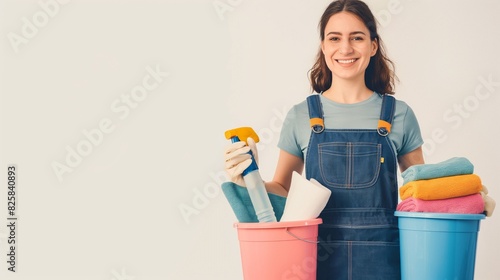 Happy woman with cleaning supplies on a plain light beige background with copy space. Cleanliness Personified: Smiling Cleaning Lady with tools photo