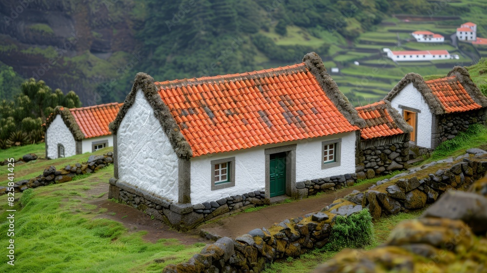 dense foliage of green grass, red and white houses with red roofs dense foliage of green grass, red and white houses with red roofs