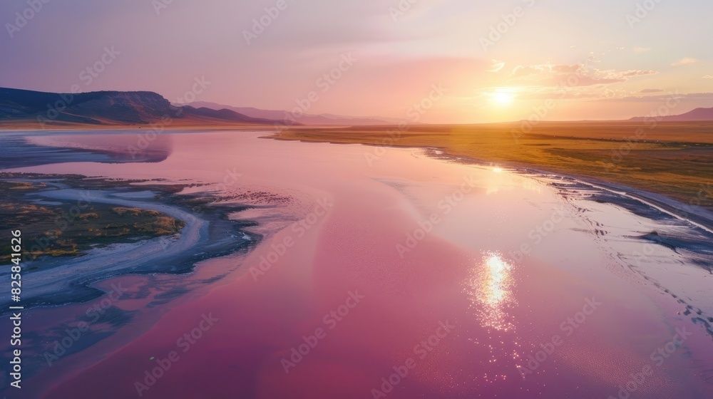 Pink Salt Lake captured at sunset from a drone DJI Mavic Air 2