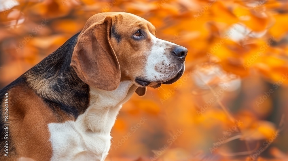  A brown and white dog stands before an orange-leafed tree