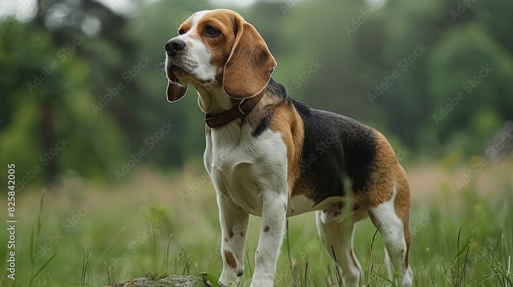  A brown-and-white dog stands atop a grassy field, bordering a lush green forest teeming with tall trees and abundant green grass blanketed in leaves