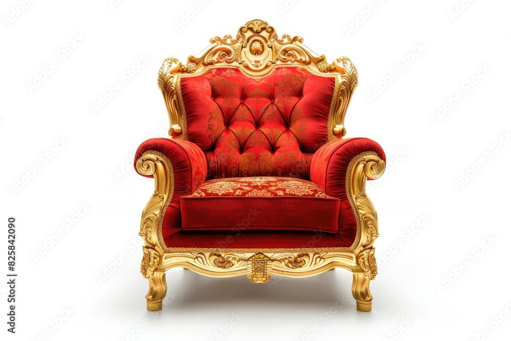 Regal Throne: Luxurious Gold and Red Armchair on White Background Regal Throne: Luxurious Gold and Red Armchair on White Background
