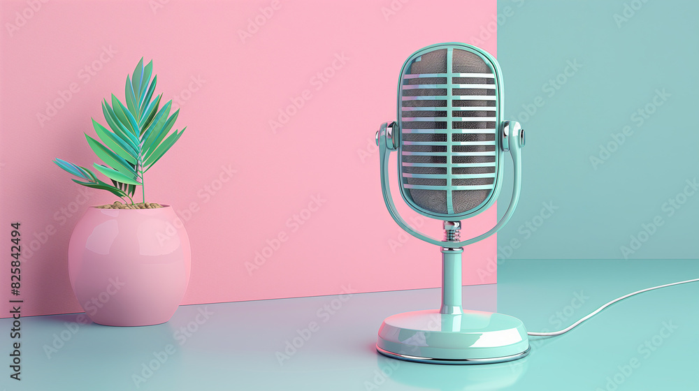Green retro microphone on a table over pastel pink, and green background with copy space. Pink vase with plant. Modern Podcast concept. Green retro microphone on a table over pastel pink, and green background with copy space. Pink vase with plant. Modern Podcast concept.