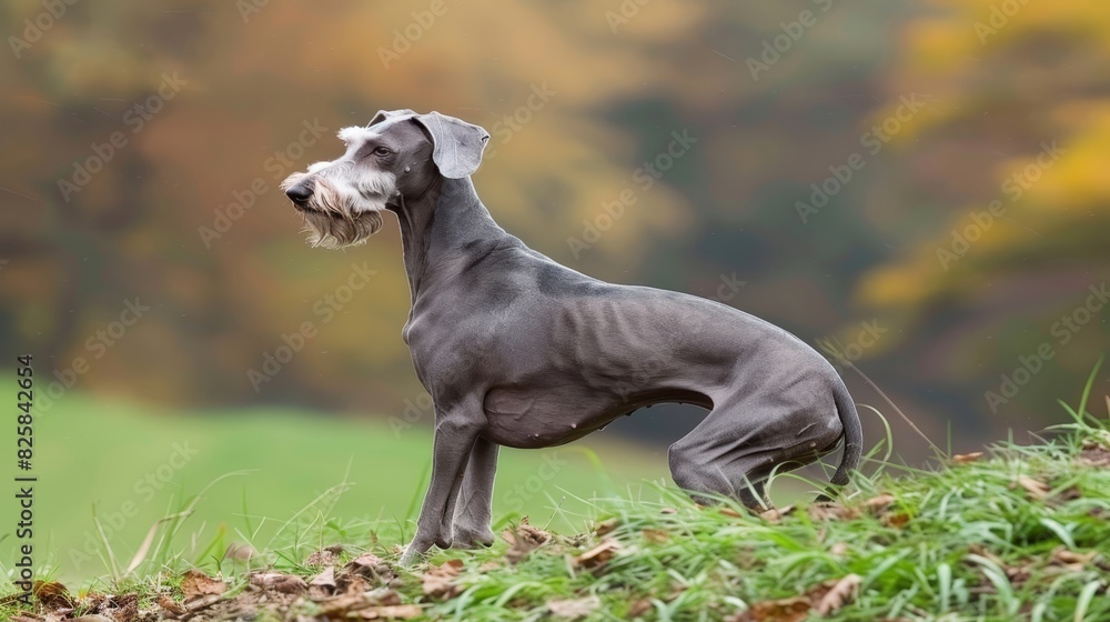 A large gray dog stands atop a lush green field Behind it, trees display an array of yellow and orange leaves A large gray dog stands atop a lush green field Behind it, trees display an array of yellow and orange leaves