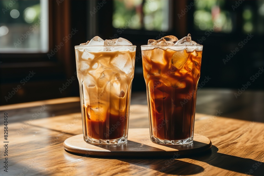 Two glasses of iced coffee, filled with ice cubes and a light brown liquid, sit on a wooden tray scattered with coffee beans. Two glasses of iced coffee, filled with ice cubes and a light brown liquid, sit on a wooden tray scattered with coffee beans.