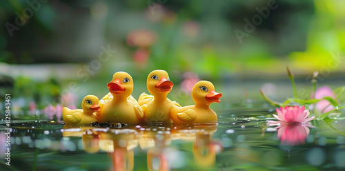 Image of duck family, parents and three ducklings in pond.