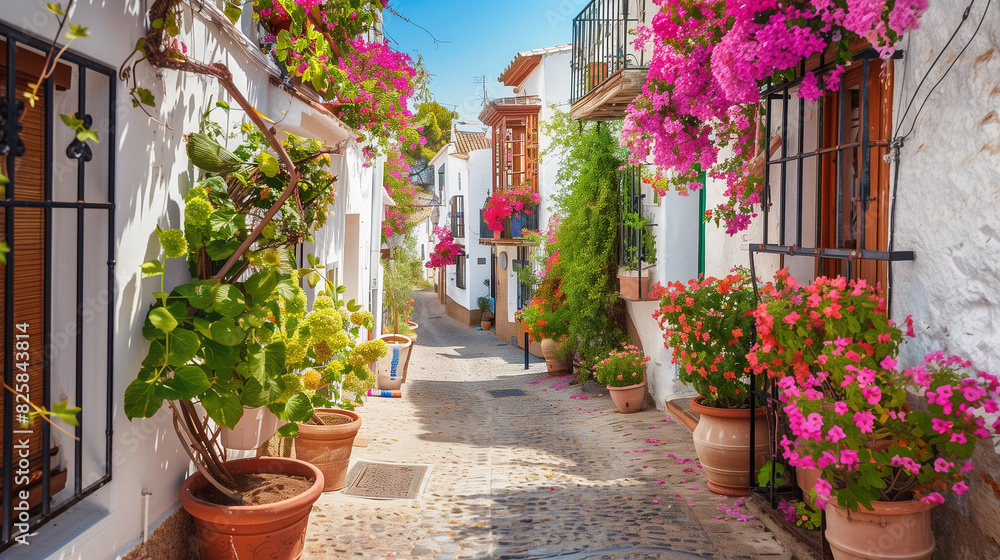 Narrow cobbled street in small cozy old town. Typical traditional houses with white walls, blooming colorful plants, flowers. Summer travel concept