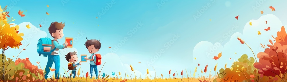 Illustration of happy family hiking in autumn field under clear blue sky Illustration of happy family hiking in autumn field under clear blue sky