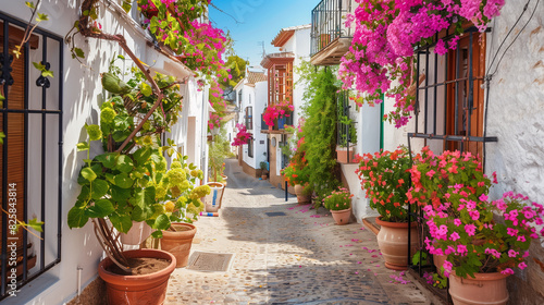 Narrow cobbled street in small cozy old town. Typical traditional houses with white walls, blooming colorful plants, flowers. Summer travel concept