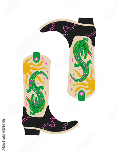 Retro cowgirl boot with alligator and sun. Groovy cowboy western and wild west theme. Hand drawn vector design for t shirt, sticker, poster.